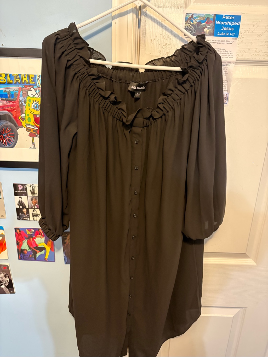 Ruffled Square-Neck Black Button-Front Tunic -
